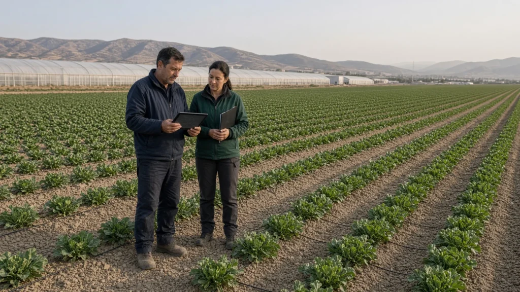 Agricultor y técnica agrícola revisando la planificación del abonado en una explotación de regadío