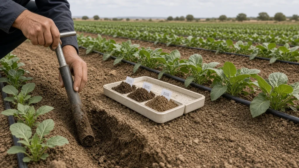 Toma de muestras de suelo en una parcela agrícola de regadío